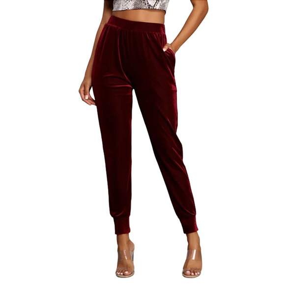 Windsor M Maroon High Waist Luxe Velvet Straight Leg Pants - Picture 1 of 8